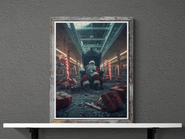 Dark surreal Santa wall art in abandoned mall with candy canes. Perfect for fans of weirdcore and liminal spaces.