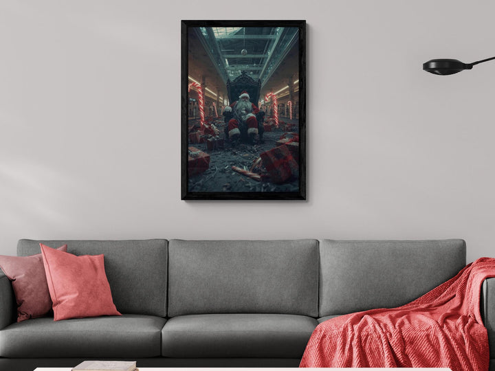 Dark surreal Santa wall art in abandoned mall with candy canes. Perfect for fans of weirdcore and liminal spaces.