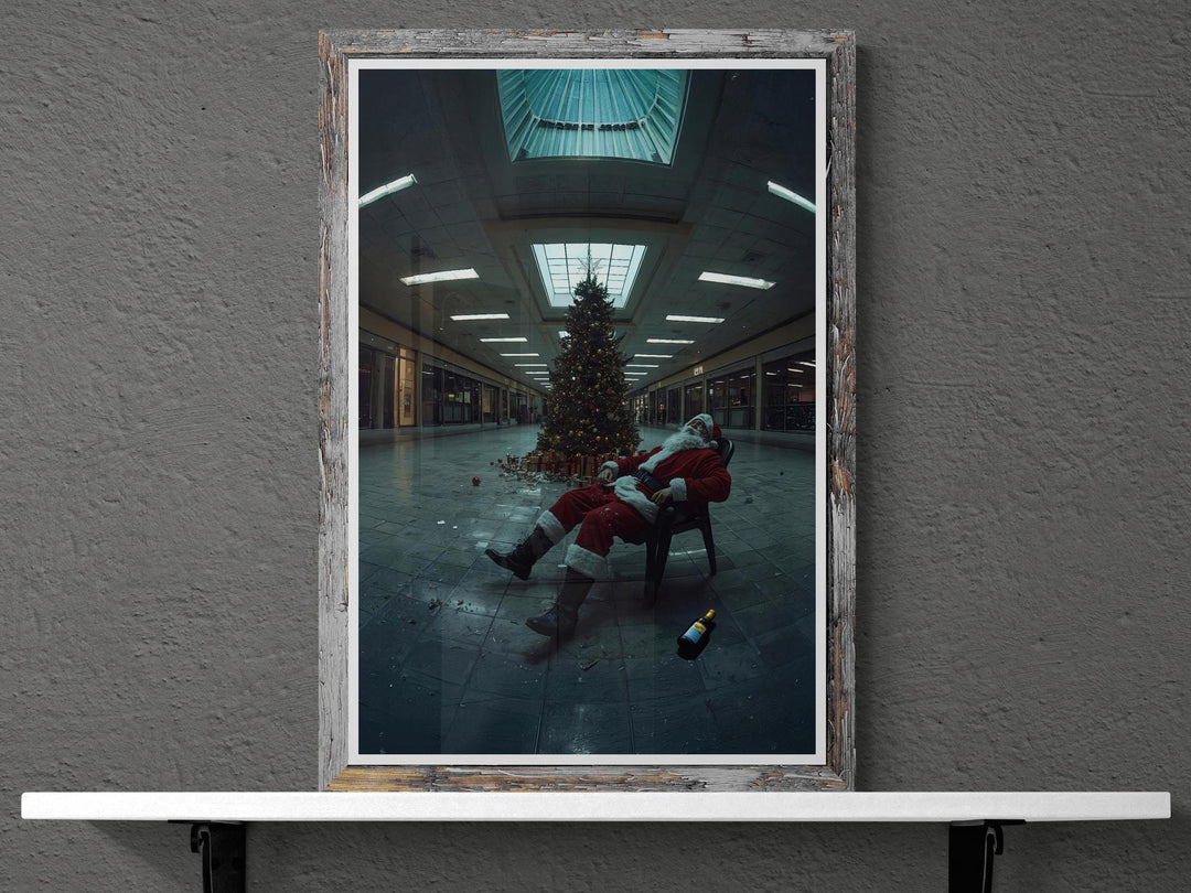 Weirdcore Bad Santa in abandoned mall passed out in his chair drunk.