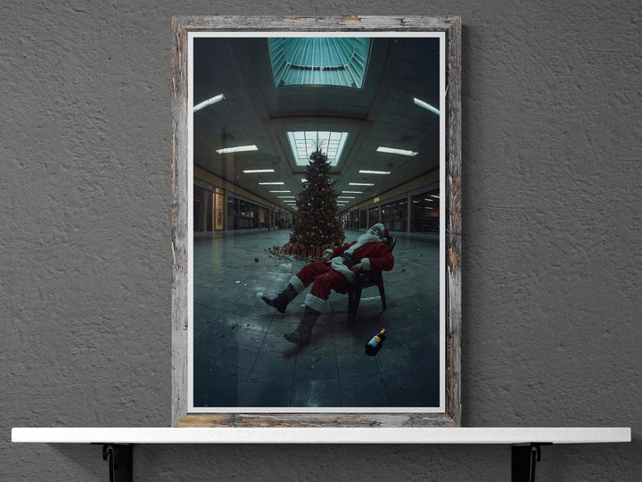 Weirdcore Bad Santa in abandoned mall passed out in his chair drunk.