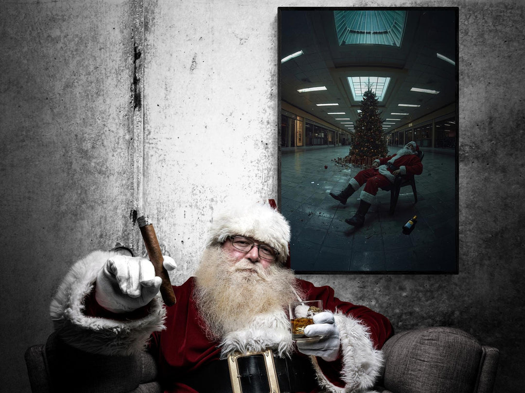 Weirdcore Santa in abandoned mall passed out in his chair drunk.