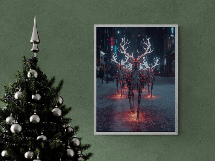 Cyberpunk robotic reindeer Christmas canvas wall art, glowing antlers in neon snowy street, giclée printed and gallery wrapped, ready to hang.