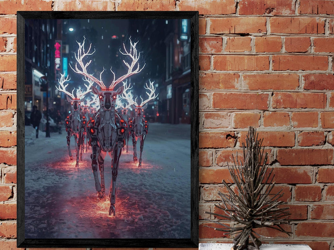 Cyberpunk robotic reindeer Christmas canvas wall art, glowing antlers in neon snowy street, giclée printed and gallery wrapped, ready to hang.