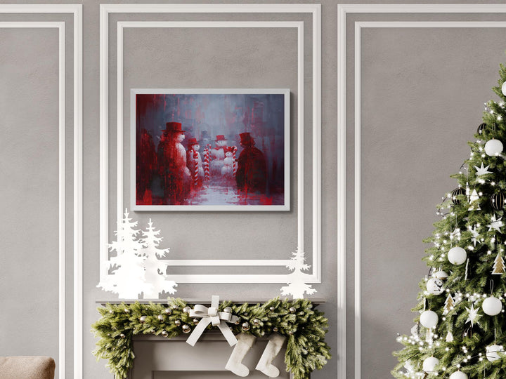 Surreal Christmas painting of snowmen in red hats holding candy canes, snowy gathering scene with bold red and gray tones.