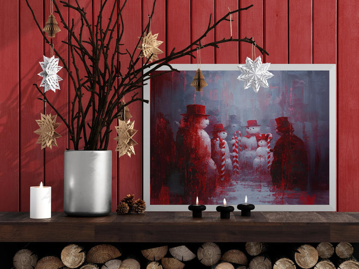 Surreal Christmas painting of snowmen in red hats holding candy canes, snowy gathering scene with bold red and gray tones.