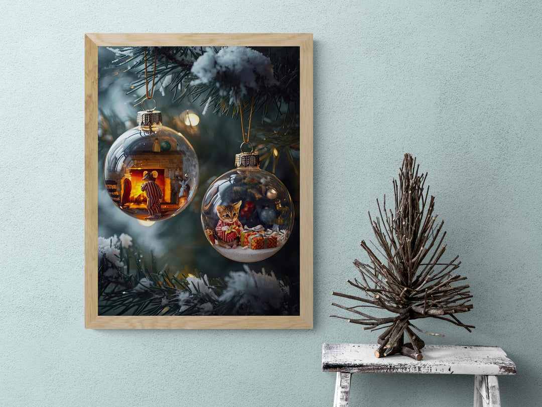 Christmas ornament artwork of a cozy fireplace mouse scene in glass bauble, warm festive lights glowing on tree.