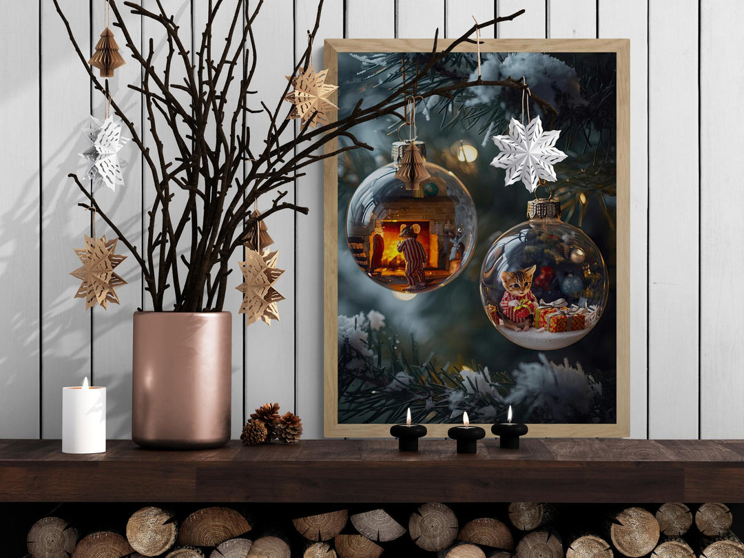 Holiday kitten in pajamas opening presents inside a Christmas ornament bauble, whimsical and festive wall art