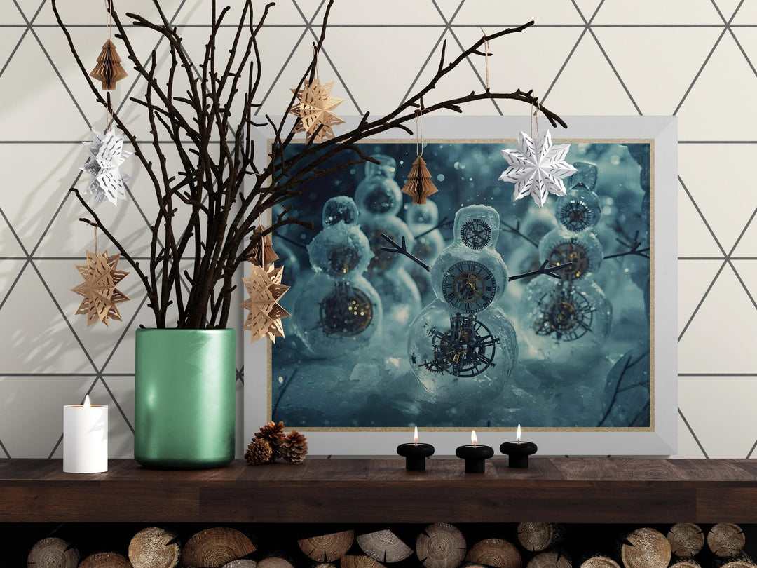 Surreal holiday art of clockwork snowmen with gears and timepieces inside icy bodies, fantasy Christmas décor.