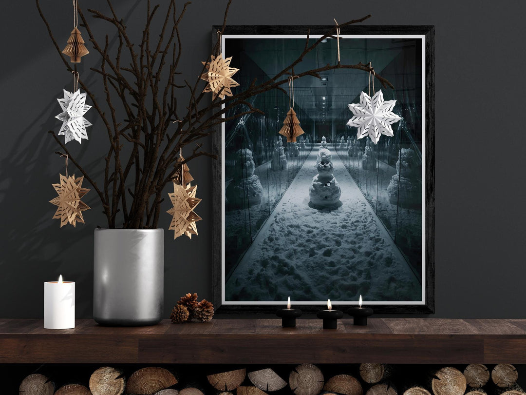 Whimsigoth holiday art print of spooky snowman in reflective corridor, surreal Christmas wall décor.