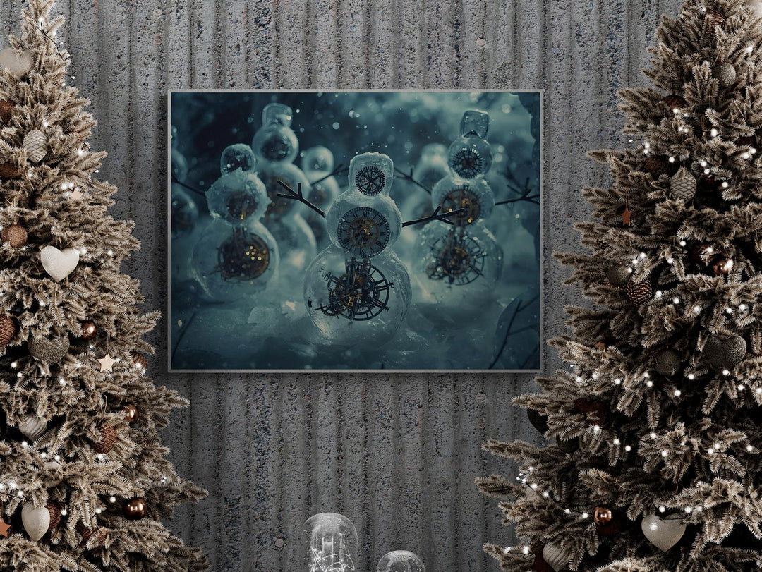 Steampunk artwork of snowmen made of ice and gears, glowing clockwork bodies in snowy winter scene.