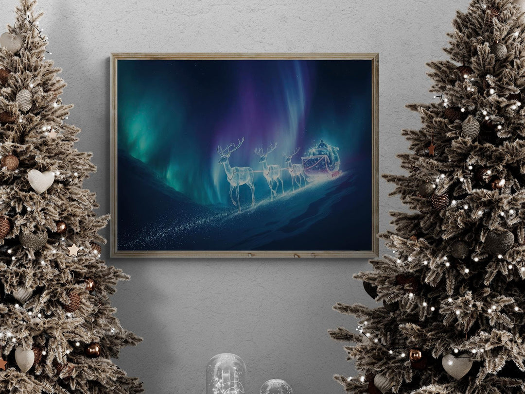 Fantasy artwork of glowing reindeer pulling a sleigh under aurora borealis night sky, magical Christmas décor.