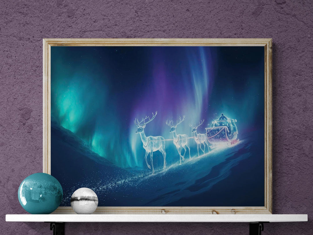 Fantasy artwork of glowing reindeer pulling a sleigh under aurora borealis night sky, magical Christmas décor.