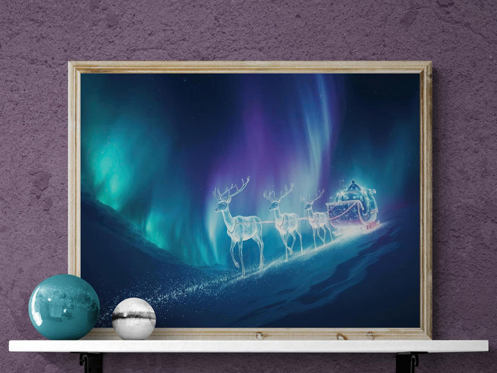 Fantasy artwork of glowing reindeer pulling a sleigh under aurora borealis night sky, magical Christmas décor.
