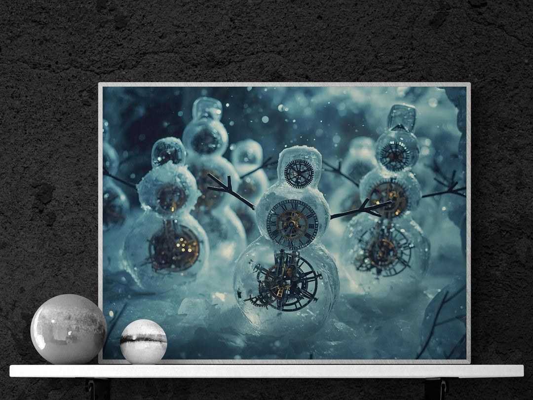 Steampunk artwork of snowmen made of ice and gears, glowing clockwork bodies in snowy winter scene.