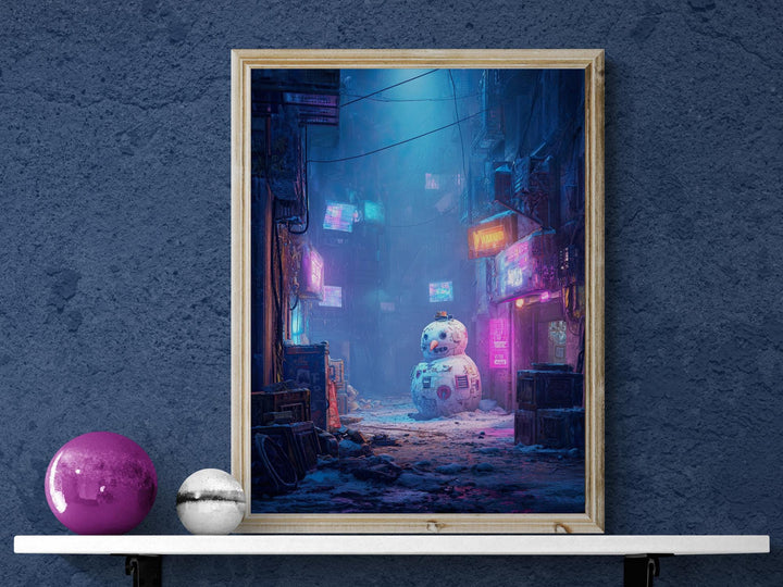 Cyberpunk artwork of robotic snowman in neon-lit futuristic city alley, sci-fi Christmas décor.