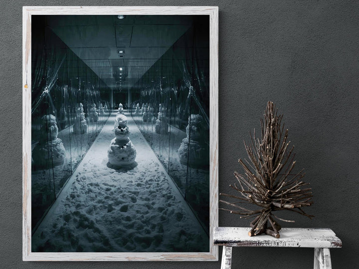 Dark surreal artwork of snowmen in mirrored hallway, eerie winter corridor with snow floor and reflections.