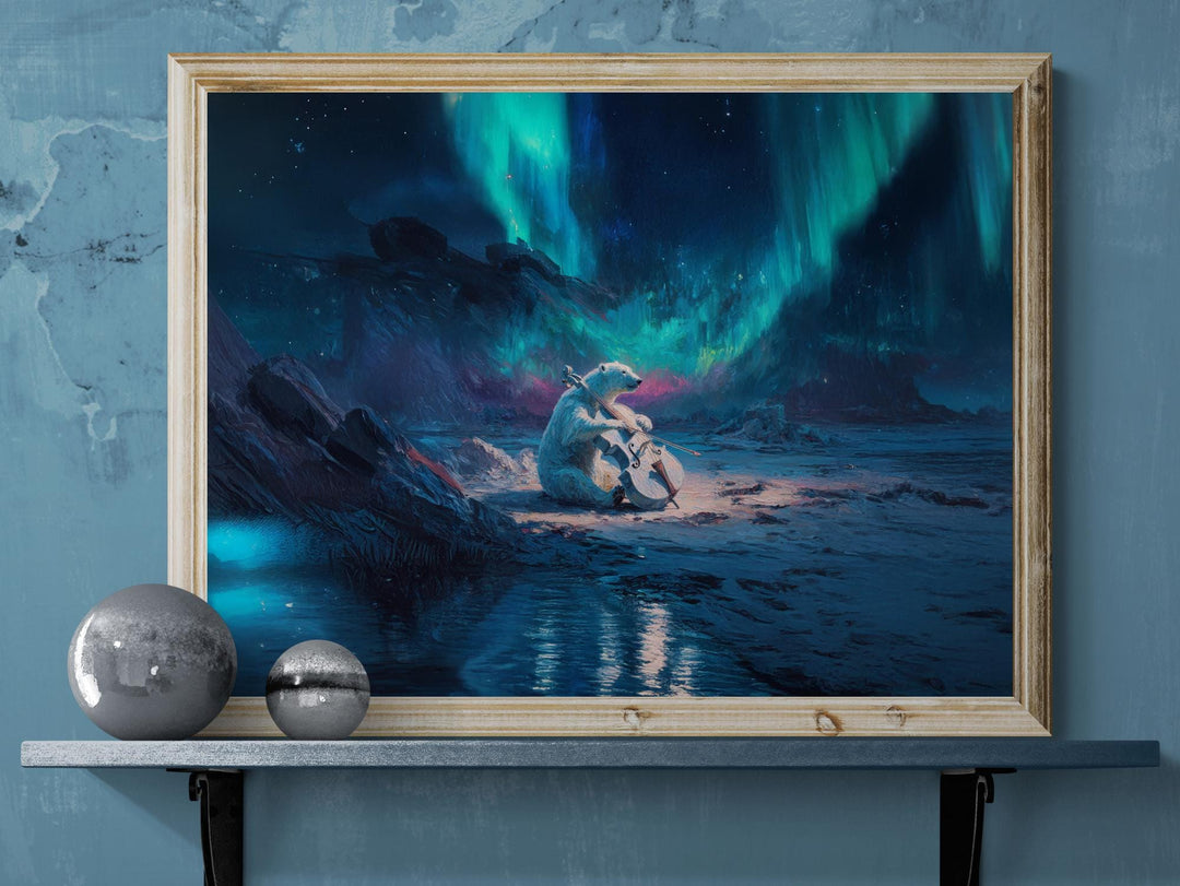 Polar bear playing a cello under glowing green and blue northern lights on an arctic landscape with reflective water.