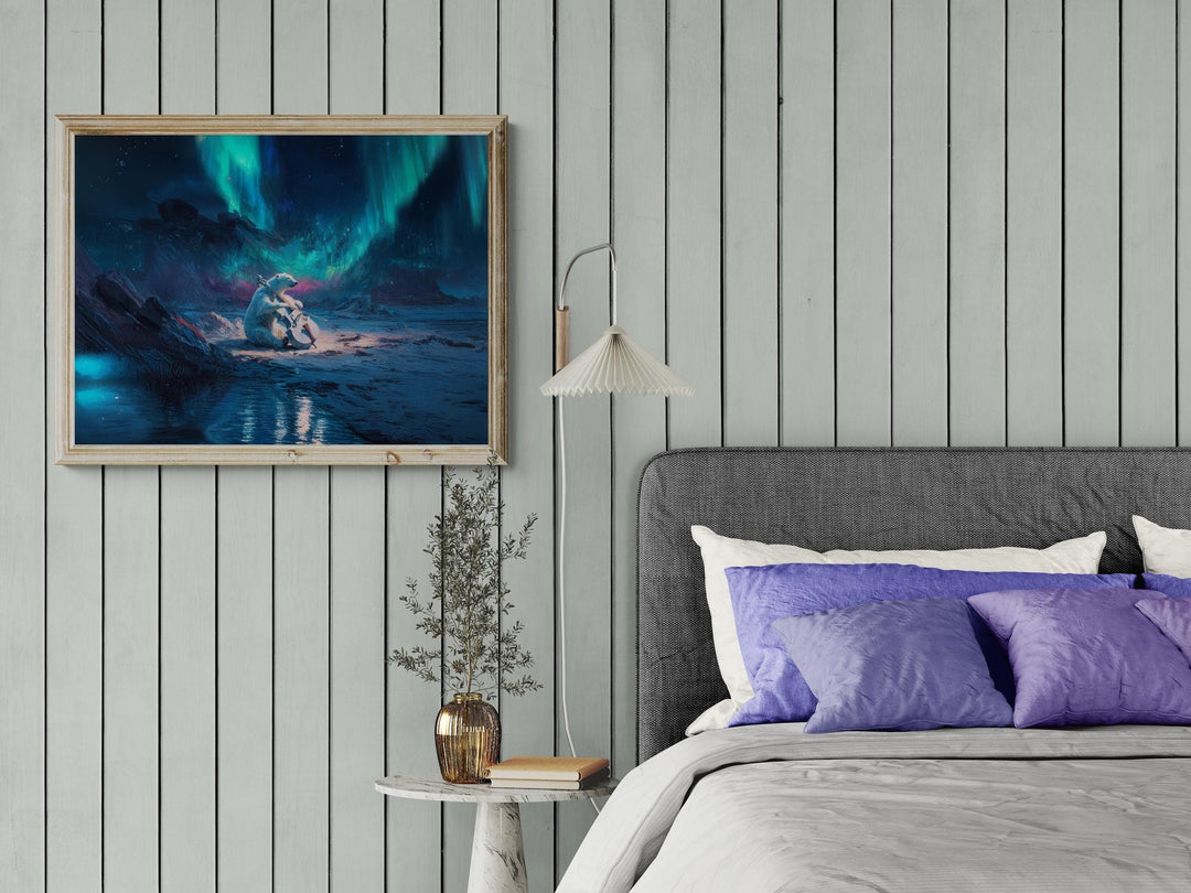 Polar bear playing a cello under glowing green and blue northern lights on an arctic landscape with reflective water.