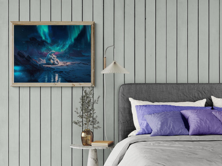 Polar bear playing a cello under glowing green and blue northern lights on an arctic landscape with reflective water.