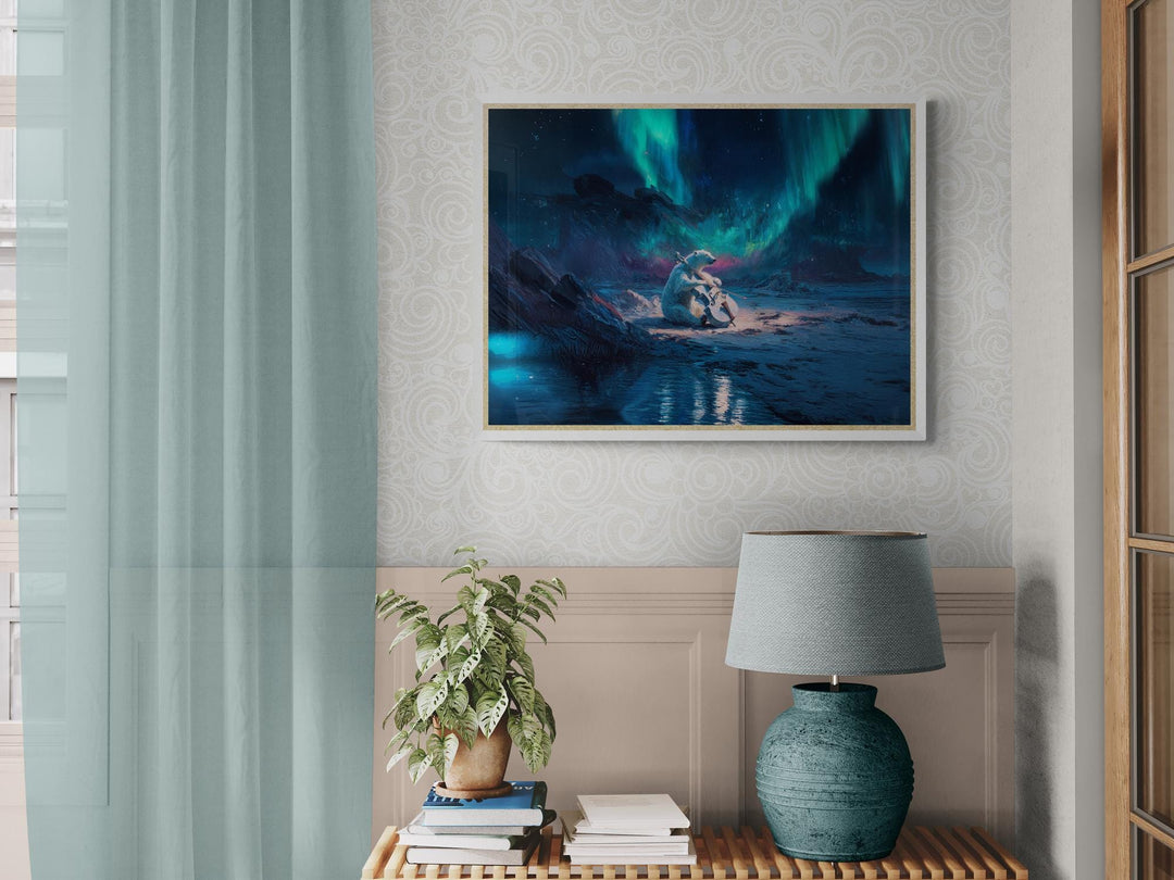 Polar bear playing a cello under glowing green and blue northern lights on an arctic landscape with reflective water.