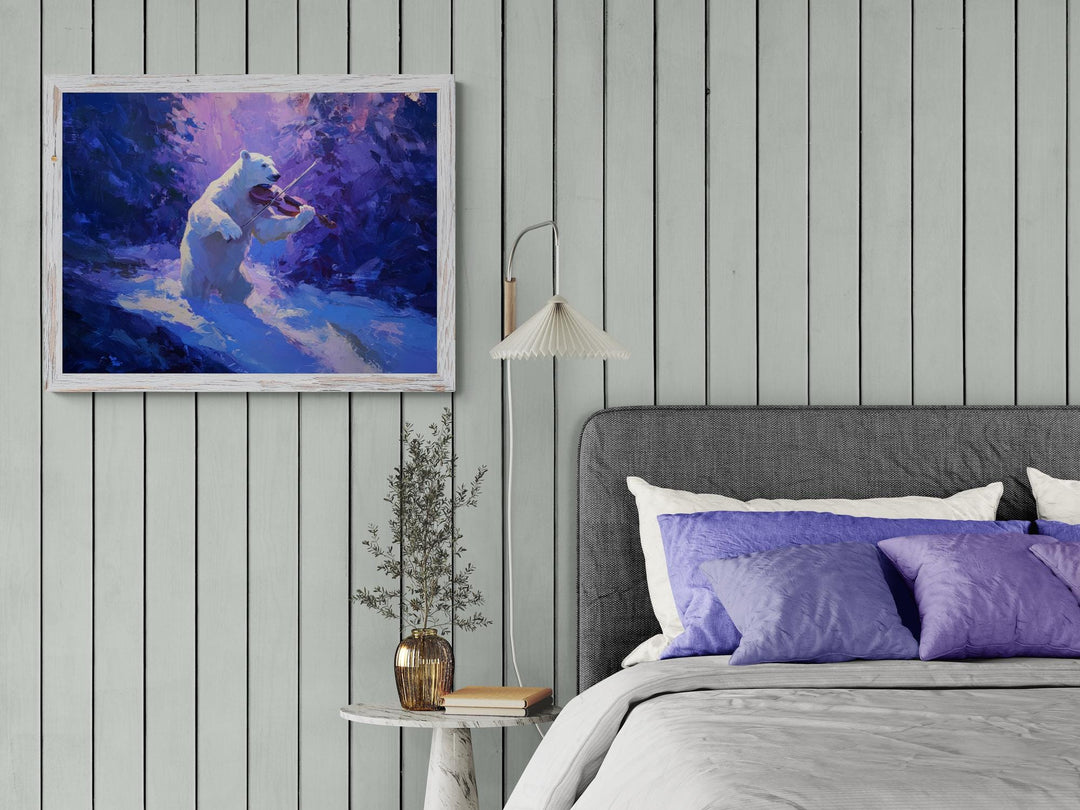 Fantasy wall art poster of a polar bear playing the violin in a purple winter forest.