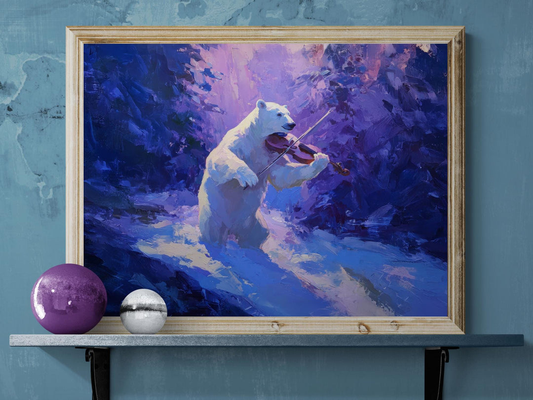 Polar bear standing in a glowing purple winter forest, playing a violin in a surreal fantasy scene