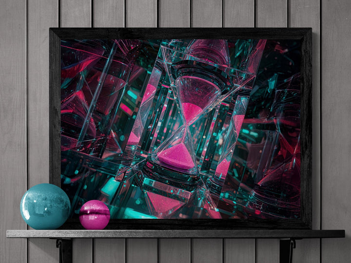 Neon pink and teal hourglass surrounded by infinite mirrored reflections in a cyberpunk surreal scene.