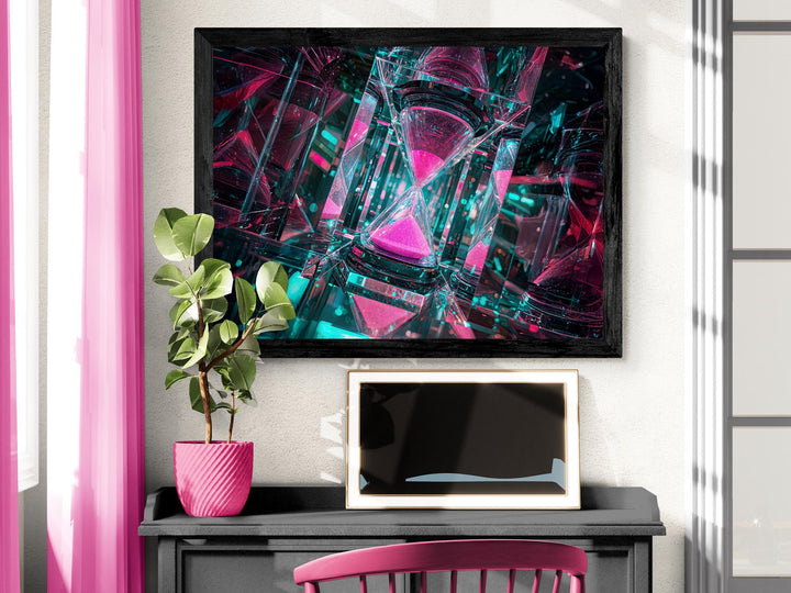 Neon pink and teal hourglass surrounded by infinite mirrored reflections in a cyberpunk surreal scene.