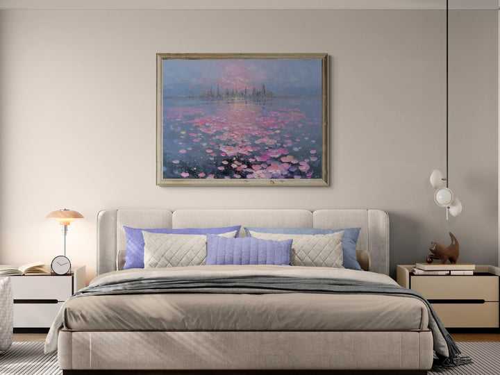 Ethereal pastel cityscape artwork featuring a luminous skyline reflected on tranquil waters filled with thousands of drifting pink petals — a serene and dreamlike fantasy wall art perfect for elegant home decor.