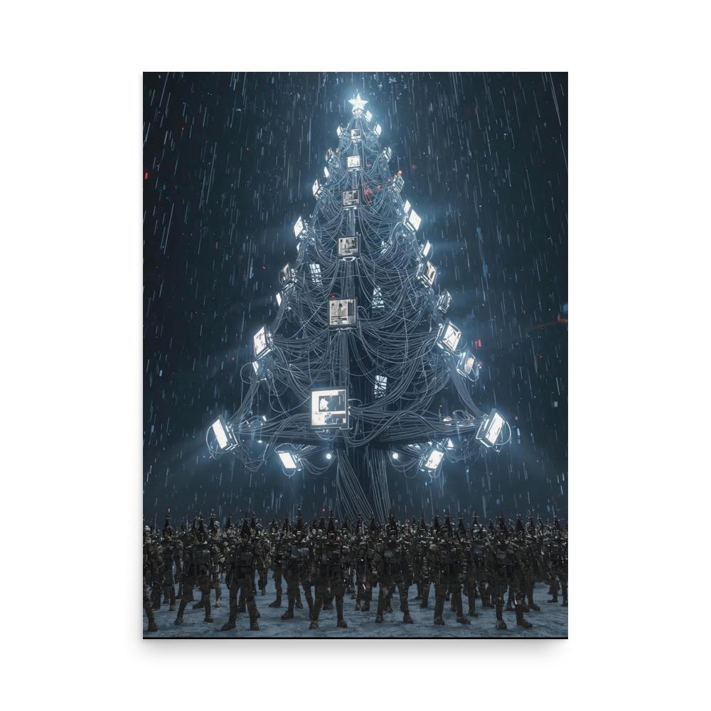 Dystopian cyberpunk artwork depicting a towering Christmas tree built from screens and cables, glowing under neon rain as soldiers stand beneath — a surreal and futuristic fantasy wall art poster.