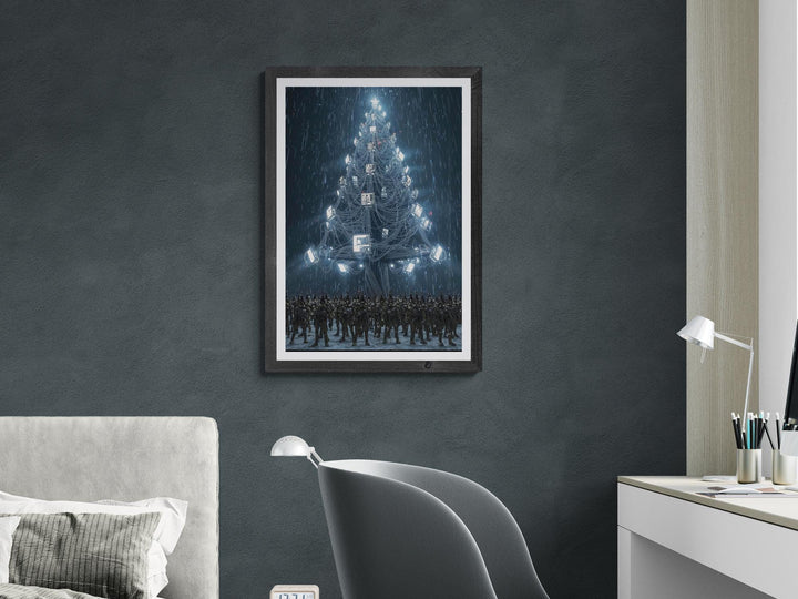 Dystopian cyberpunk artwork depicting a towering Christmas tree built from screens and cables, glowing under neon rain as soldiers stand beneath — a surreal and futuristic fantasy wall art poster.