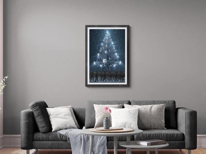 Dystopian cyberpunk artwork depicting a towering Christmas tree built from screens and cables, glowing under neon rain as soldiers stand beneath — a surreal and futuristic fantasy wall art poster.