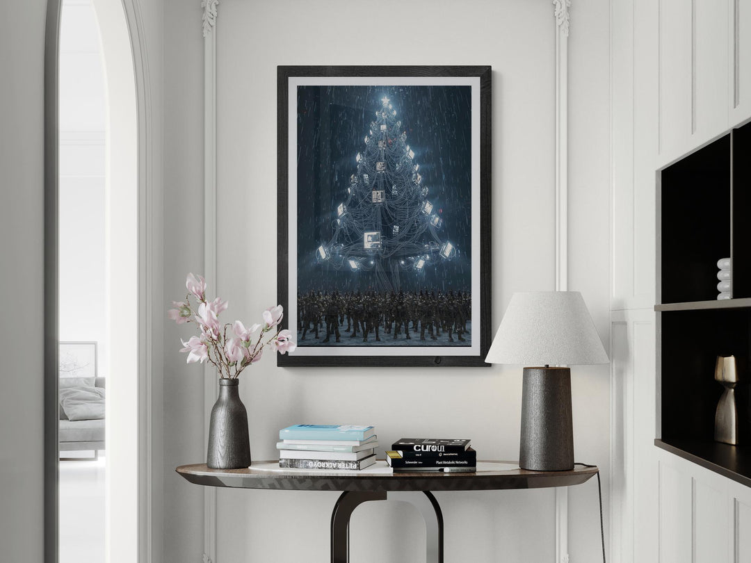 A dark fantasy poster showing a glowing mechanical Christmas tree surrounded by soldiers in a cyberpunk rainstorm.