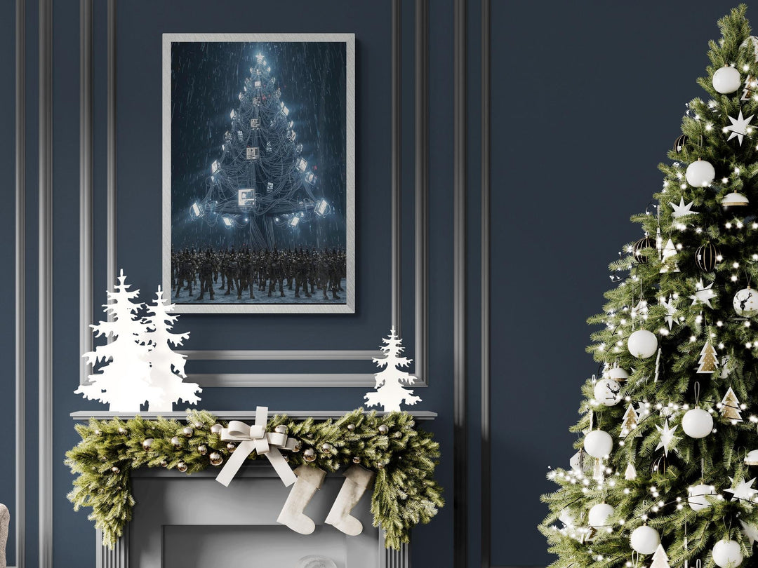 A dark fantasy poster showing a glowing mechanical Christmas tree surrounded by soldiers in a cyberpunk rainstorm.