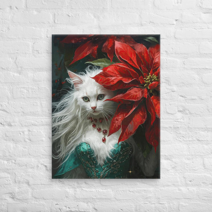 Elegant white cat wearing an emerald gown and ruby necklace, surrounded by vivid red poinsettias in a Victorian fantasy Christmas scene.