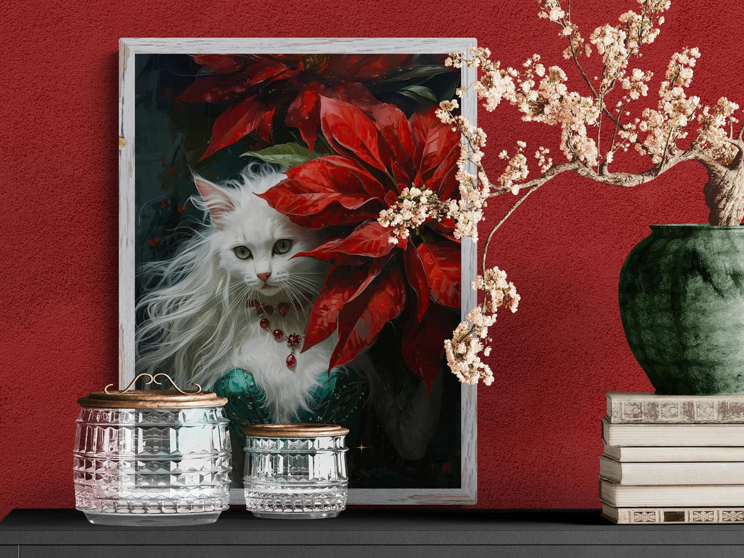 Victorian-inspired fantasy artwork of a regal white cat dressed in an ornate green gown and ruby jewelry, framed by glowing red poinsettias and dark foliage — a rich Christmas portrait blending feline grace and holiday splendor.