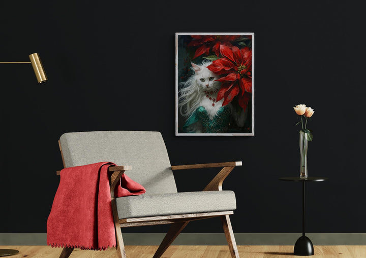 Victorian-inspired fantasy artwork of a regal white cat dressed in an ornate green gown and ruby jewelry, framed by glowing red poinsettias and dark foliage — a rich Christmas portrait blending feline grace and holiday splendor.