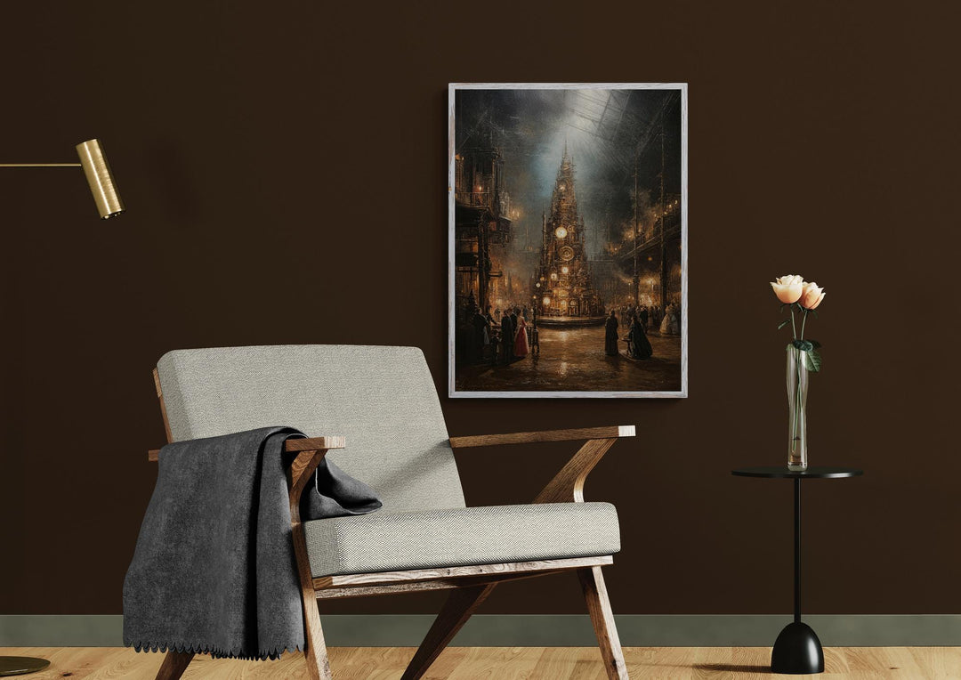 Victorian steampunk Christmas tree adorned with gears, clocks, and glowing ornaments under warm gaslight.