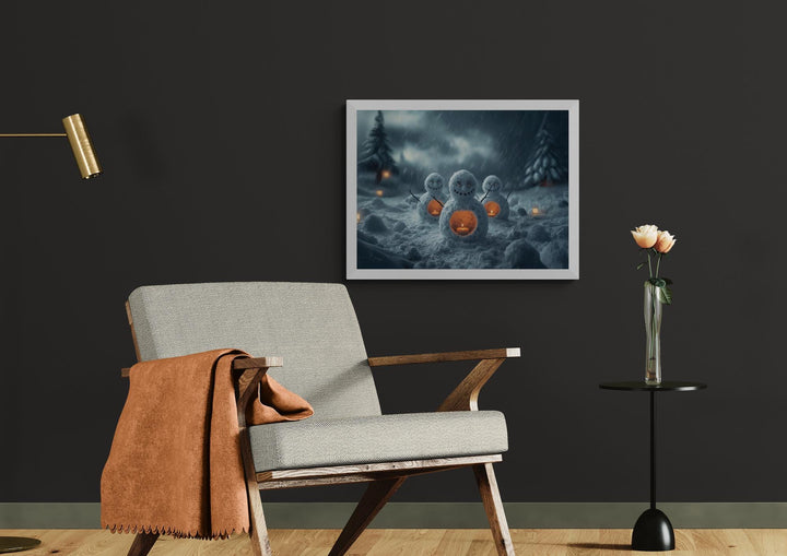 A magical winter artwork depicting three snowmen glowing from within by candlelight in a snowy forest at night, surrounded by soft falling snow and flickering lanterns — a cozy, surreal Christmas fantasy scene.