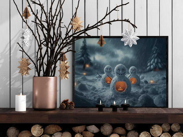 Candlelit snowmen glowing warmly in the snow under a dreamy, misty winter sky.