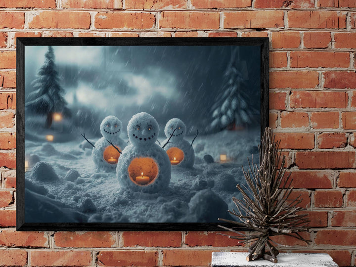 Three glowing snowmen with candles inside their bellies on a snowy winter night.