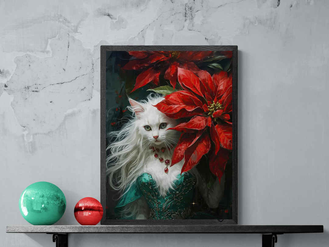 White cat in jeweled dress beside large red poinsettias, Christmas fantasy art.