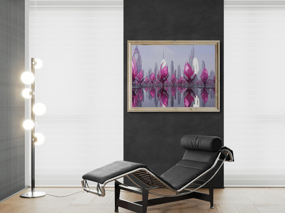 Futuristic surreal landscape featuring towering pink crystal structures reflecting over calm water, surrounded by mist and sleek metallic skyscrapers — modern fantasy wall art.