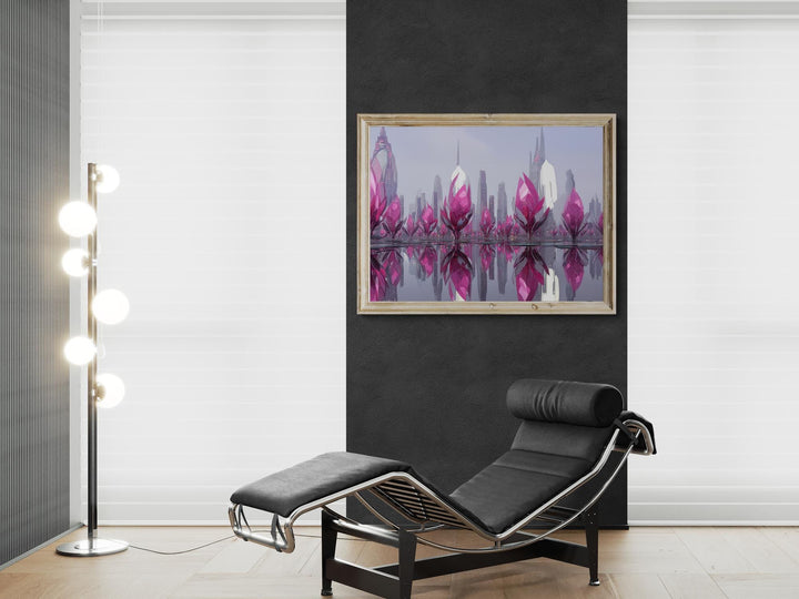 Futuristic surreal landscape featuring towering pink crystal structures reflecting over calm water, surrounded by mist and sleek metallic skyscrapers — modern fantasy wall art.
