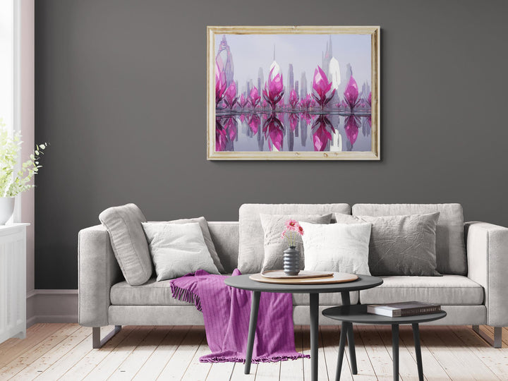Futuristic surreal landscape featuring towering pink crystal structures reflecting over calm water, surrounded by mist and sleek metallic skyscrapers — modern fantasy wall art.
