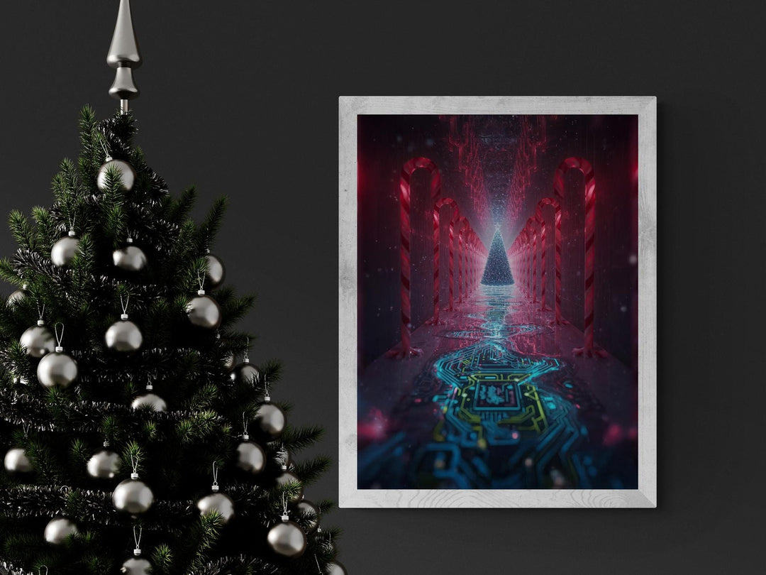 Surreal futuristic Christmas artwork featuring a glowing cybernetic tree at the end of a reflective neon corridor lined with candy canes and circuitry patterns — perfect for modern holiday decor.