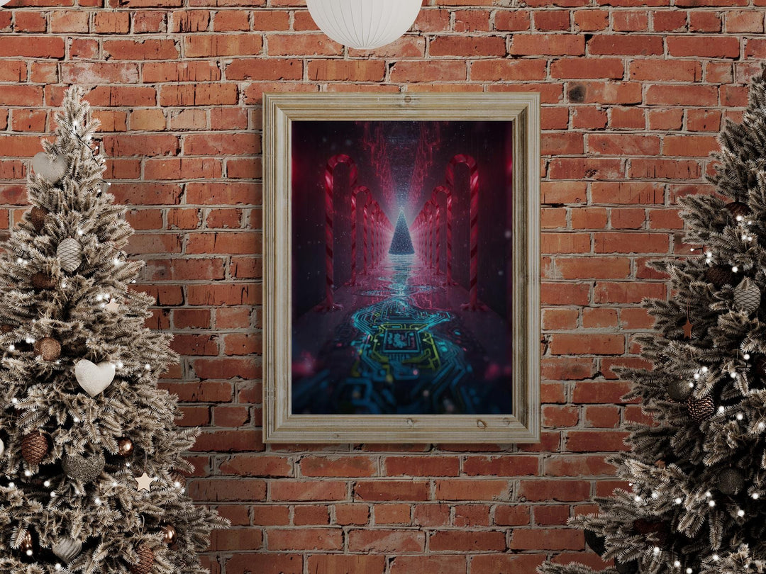 Surreal futuristic Christmas artwork featuring a glowing cybernetic tree at the end of a reflective neon corridor lined with candy canes and circuitry patterns — perfect for modern holiday decor.