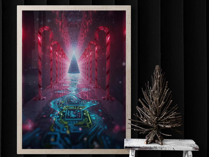 Futuristic Christmas tree glowing at end of neon candy-cane hallway