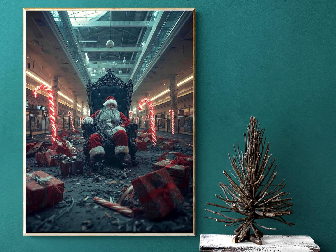 Dark surreal Santa wall art in abandoned mall with candy canes. Perfect for fans of weirdcore and liminal spaces.