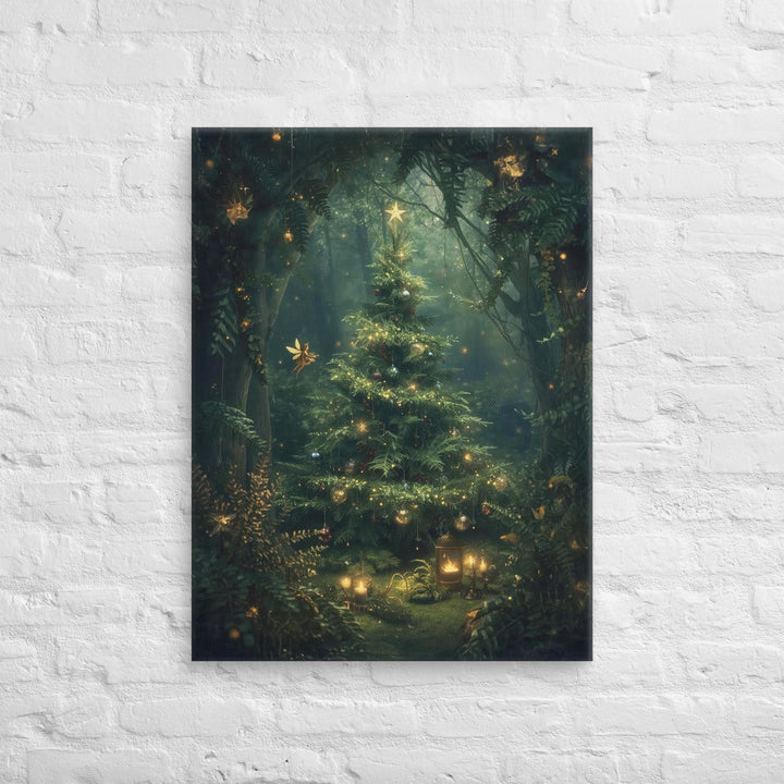 Whimsical fantasy holiday artwork depicting a glowing Christmas tree in an enchanted forest, surrounded by twinkling lights, golden ornaments, and tiny fairies — cozy and magical Christmas wall decor.